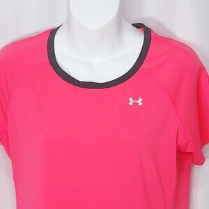 Under Armour Heatgear Fitted Pullover Top Womens Medium Pink Coral Gray T Shirt